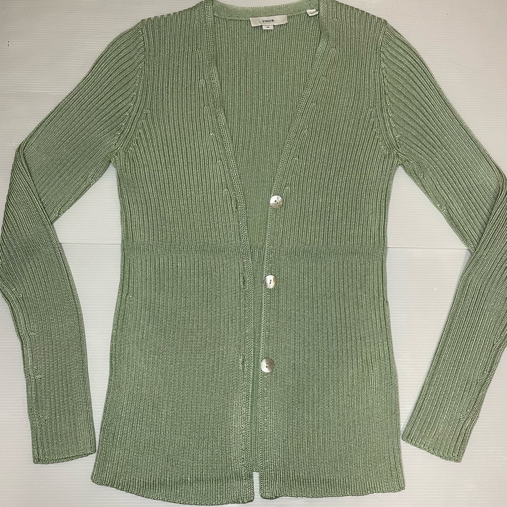 Vince Ribbed Green Cardigan Sweater Button Front Size Small